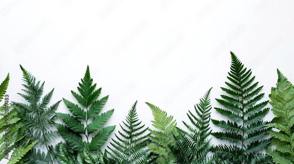 Obraz premium Beautiful composition with fern and other tropical leaves on white background. Banner design 