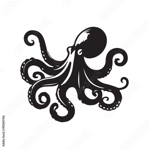 Octopus - sea animal vector silhouette for icon or sign on a sea or ocean theme. Black silhouette of an octopus for a logo  photo