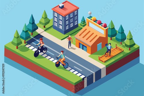 People ride bicycles near a park and buildings, enjoying a sunny day in a vibrant urban environment, Customizable isometric illustration of a bicycle ride.