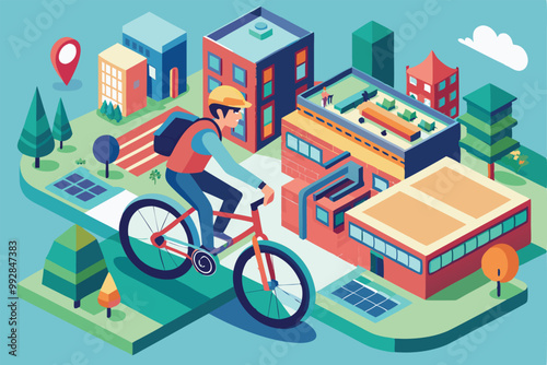 A cyclist explores a colorful urban landscape filled with buildings and trees on a sunny day, Customizable isometric illustration of a bicycle ride.