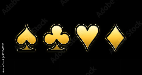Golden shiny symbols of playing cards on a black background..