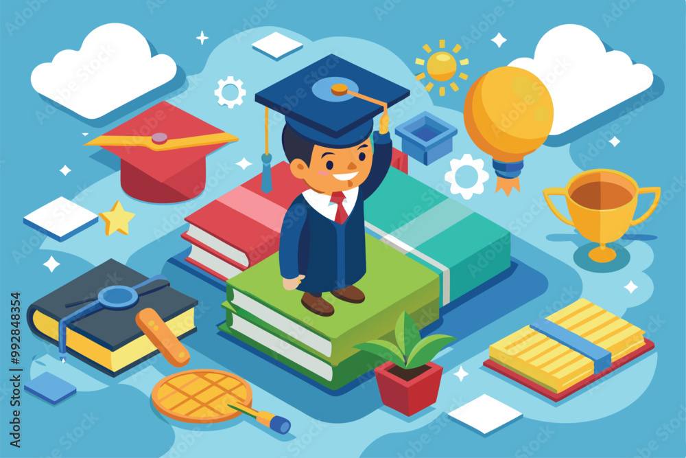 A cheerful boy in a graduation cap celebrates his graduation surrounded by books and trophies, Customizable Isometric Illustration of a boy graduating A cheerful boy in a graduation cap celebrates his graduation surrounded by books and trophies, Customizable Isometric Illustration of a boy graduating