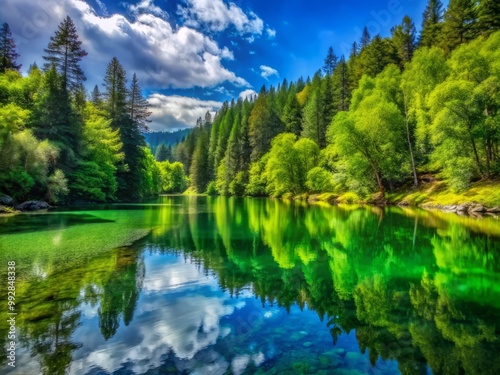 Forest's vibrant hues of green, from moss to emerald, are mirrored in the river's calm surface, under a brilliant blue sky.
