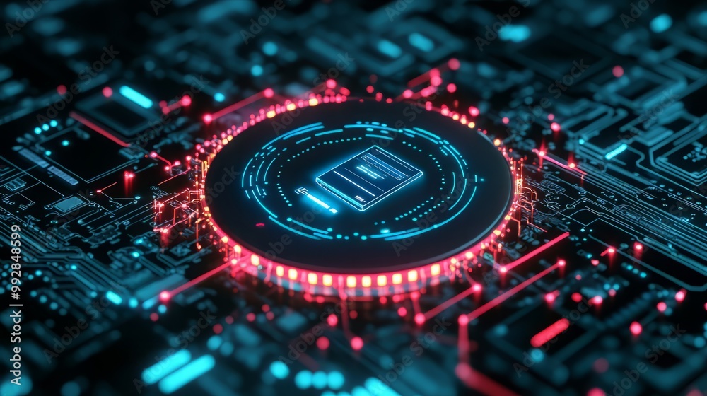 Close-up view of a futuristic circuit board with glowing elements, showcasing advanced technology and digital innovation. Close-up view of a futuristic circuit board with glowing elements, showcasing advanced technology and digital innovation.