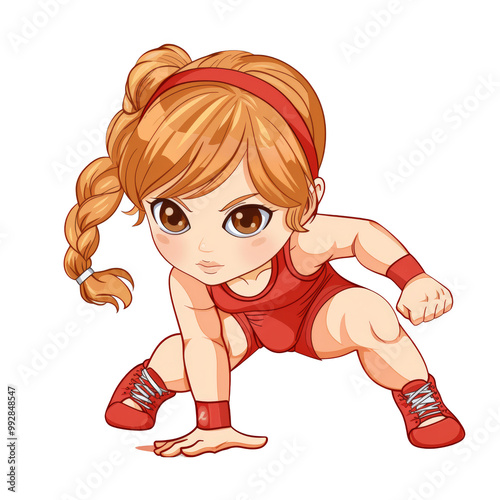 A young female wrestler in a red singlet with a determined expression and ready to fight in a fighting stance.