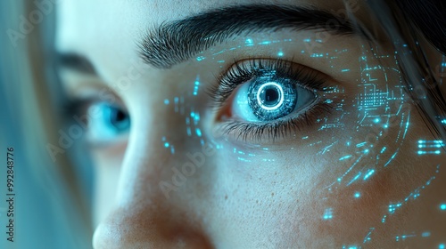 A futuristic depiction of a woman with a cybernetic eye panel concept.