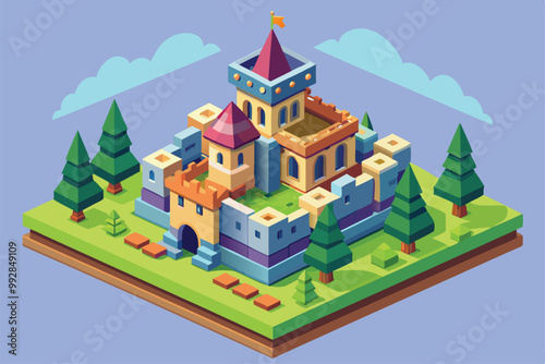 A detailed, customizable isometric illustration of a colorful castle set amidst green hills and trees, Customizable isometric illustration of a castle.