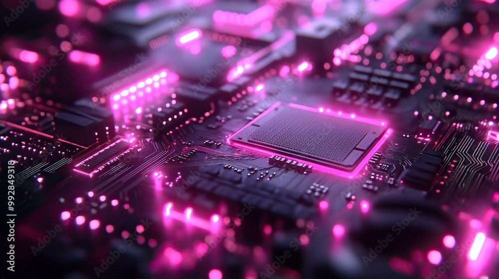 A futuristic digital background with purple tones, featuring neon lights on a motherboard texture to represent abstract technology. A futuristic digital background with purple tones, featuring neon lights on a motherboard texture to represent abstract technology.