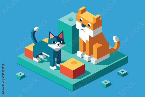 A lively isometric depiction shows a cat and dog enjoying their colorful, playful surroundings, Customizable Isometric Illustration of a Cat and Dog