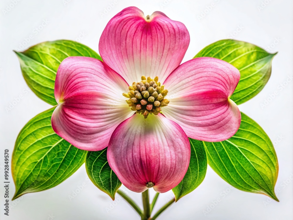 Elegant Dogwood Flower Illustration with Delicate Petals and Lush Green Leaves on a White Background Elegant Dogwood Flower Illustration with Delicate Petals and Lush Green Leaves on a White Background