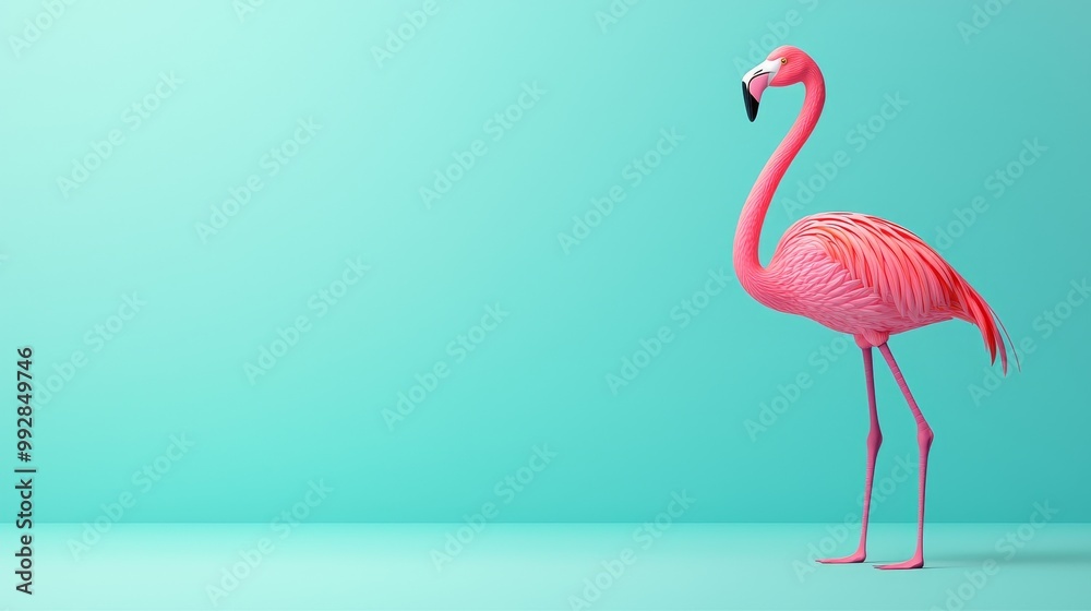 Fototapeta premium Pink flamingo standing on a turquoise background, looking to the right.