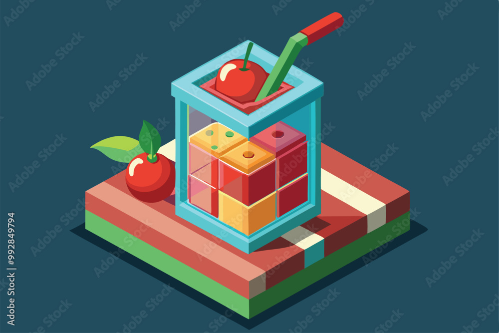 A vibrant cherry drink sits in a glass with ice cubes, topped with a cherry and garnished with a green straw, Customizable isometric illustration of a cherry drink. A vibrant cherry drink sits in a glass with ice cubes, topped with a cherry and garnished with a green straw, Customizable isometric illustration of a cherry drink.