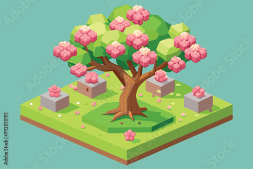 A vibrant cherry tree displays lush pink blossoms in a charming, customizable setting with greenery, Customizable isometric illustration of a cherry tree.