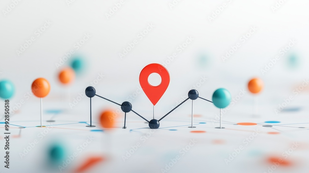 Naklejka premium Red pin connected to black line and dots on white background. Concept for location, navigation, or connection.