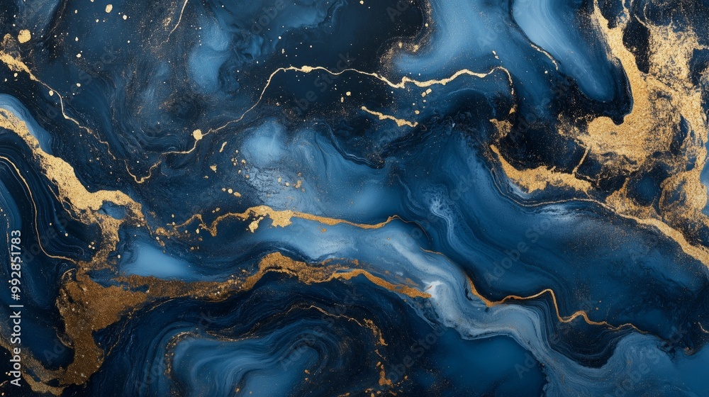 Blue marble and gold abstract background texture. Indigo ocean blue marbling with natural luxury style swirls of marble and gold powder.