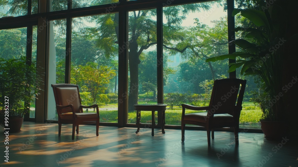 A serene indoor space with two chairs and a small table, overlooking a lush garden.