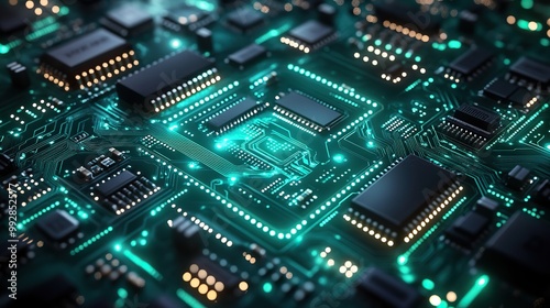 A futuristic technology background with circuit board elements, illustrating integrated network systems in a digital blue-green theme.