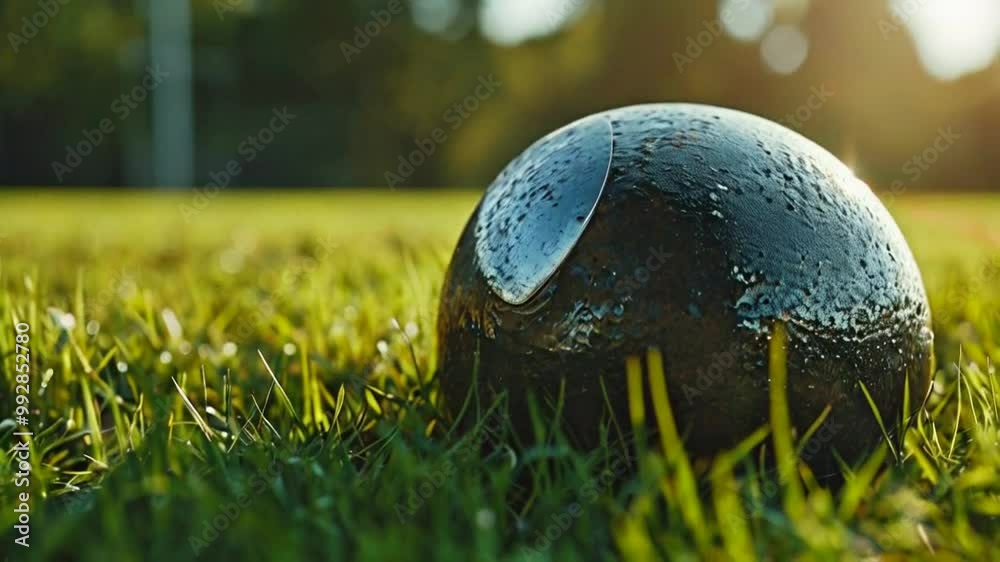 A close-up of a shiny black ball resting on dew-covered grass in a sunny outdoor setting.