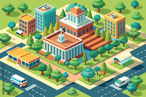 Explore a colorful college campus featuring an array of buildings and lush green trees in a lively layout, Customizable isometric illustration of a college campus.