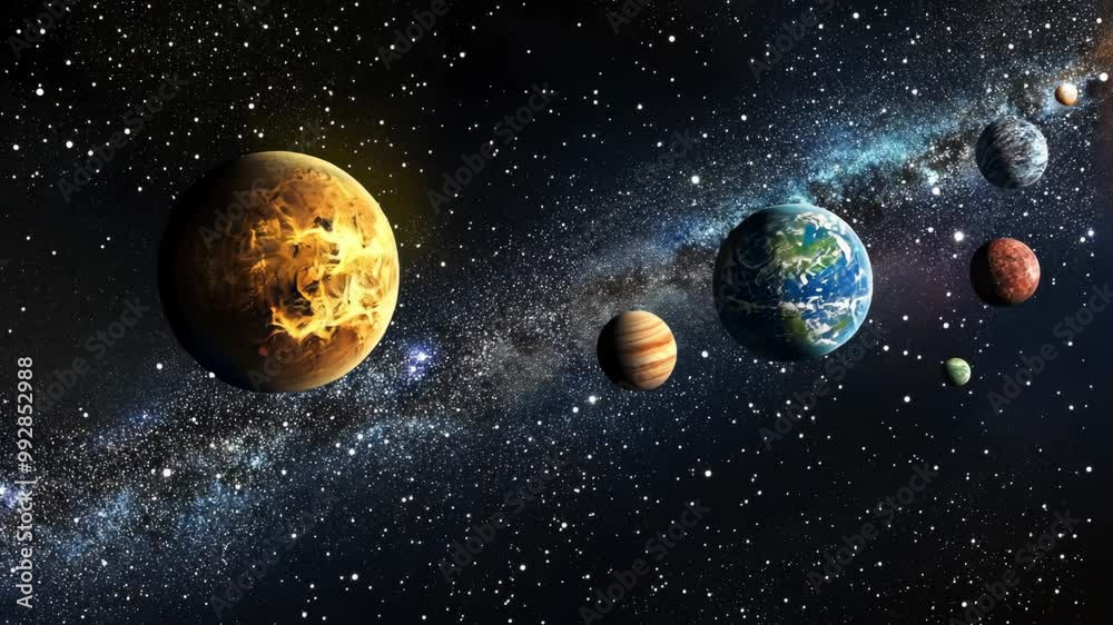 A vibrant depiction of the solar system, showcasing planets against a backdrop of twinkling stars and the Milky Way A vibrant depiction of the solar system, showcasing planets against a backdrop of twinkling stars and the Milky Way