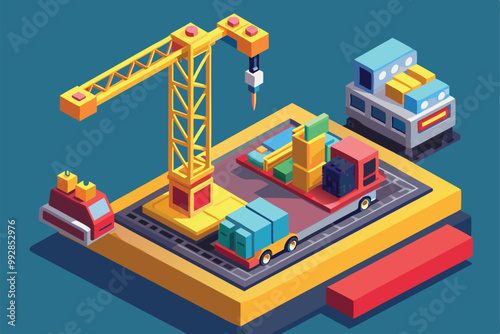 A vibrant isometric illustration featuring a construction site with a crane and various vehicles unloading materials, Customizable isometric illustration of a construction truck.