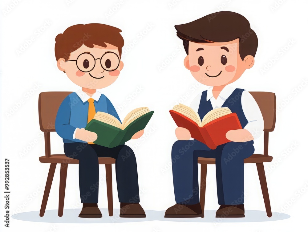 Two cheerful boys sitting on chairs, reading books together with joy and friendship. A perfect illustration of learning and sharing. Two cheerful boys sitting on chairs, reading books together with joy and friendship. A perfect illustration of learning and sharing.