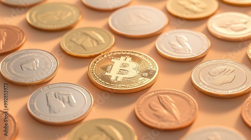 A collection of various cryptocurrency coins, with Bitcoin prominently displayed in the center.