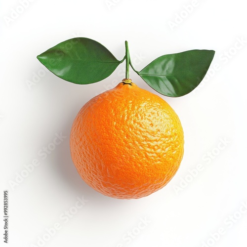 A vibrant orange fruit with green leaves on a white background. photo