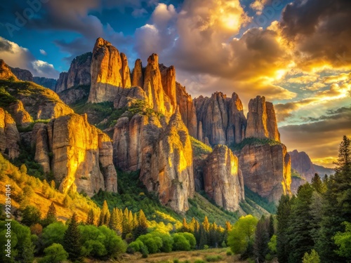 Rugged cliffs rise majestically from the valley floor bathed in warm light.