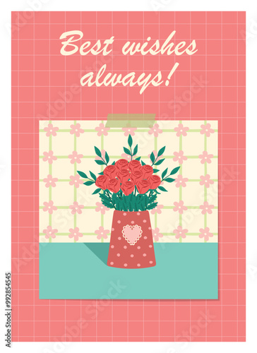 Greeting card with a vase and flowers. Bright blooming flowers in vase. Elements for greeting card, invitation, print, sticker. Still lifes for birthday, mother's day, valentine's, woman's day.