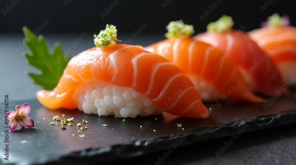 A beautifully arranged platter of fresh salmon sushi showcases vibrant orange sashimi with rice, garnished with herbs and a tiny flower, creating an enticing presentation A beautifully arranged platter of fresh salmon sushi showcases vibrant orange sashimi with rice, garnished with herbs and a tiny flower, creating an enticing presentation