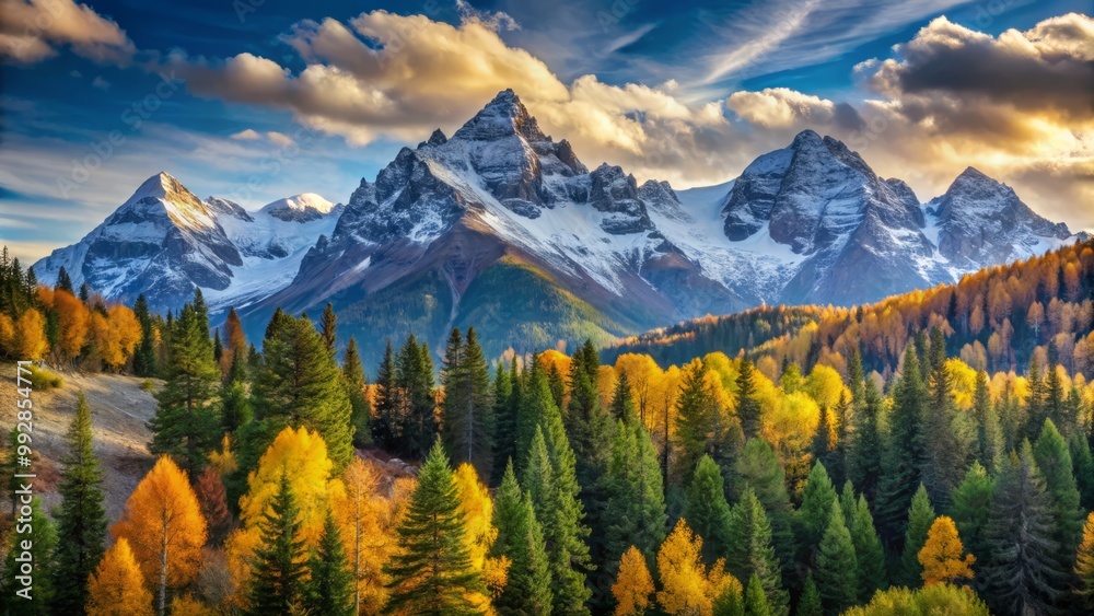 Obraz premium Snow-capped peaks rise majestically above a vibrant tapestry of golden leaves and emerald pines under a warm afternoon sun.