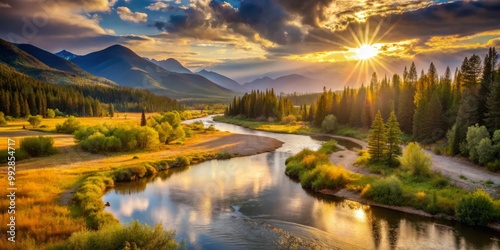 River Valley landscape bathes in the soft warm glow of a peaceful afternoon.