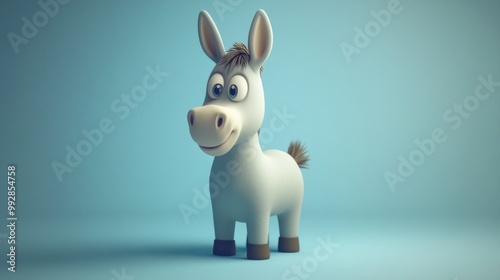 A cheerful cartoon donkey with big eyes and a friendly expression against a blue background.