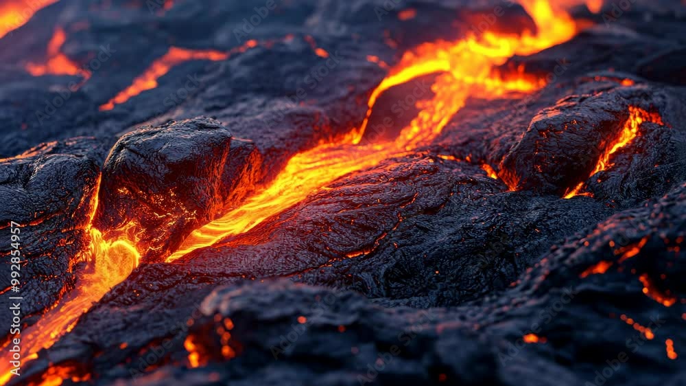Molten lava flows across hardened rock, a stark contrast in textures and temperatures Molten lava flows across hardened rock, a stark contrast in textures and temperatures