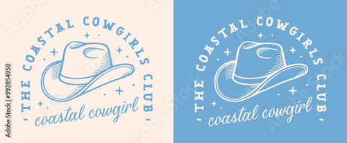 Coastal cowgirl club squad west coast western girly aesthetic country girl hat sticker. Retro vintage boho pastel blue cowboy quotes printable women girls trip matching shirt design clothing cut file. photo