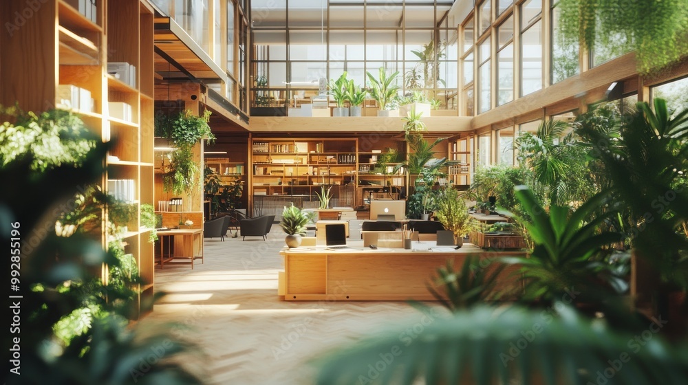 A bright, modern workspace filled with plants and natural light, promoting creativity and well-being. A bright, modern workspace filled with plants and natural light, promoting creativity and well-being.