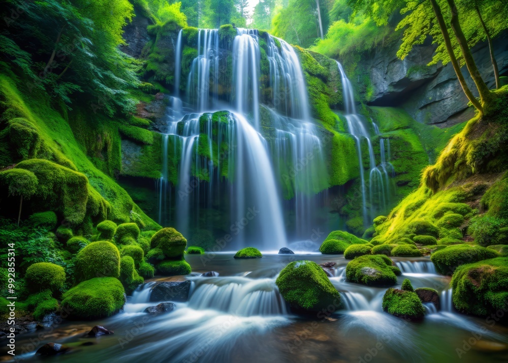 Waterfalls tumble, silver ribbons unwinding down moss-encrusted rock faces, set against a vibrant green backdrop of primeval forest, bathed in soft, emerald light. Waterfalls tumble, silver ribbons unwinding down moss-encrusted rock faces, set against a vibrant green backdrop of primeval forest, bathed in soft, emerald light.