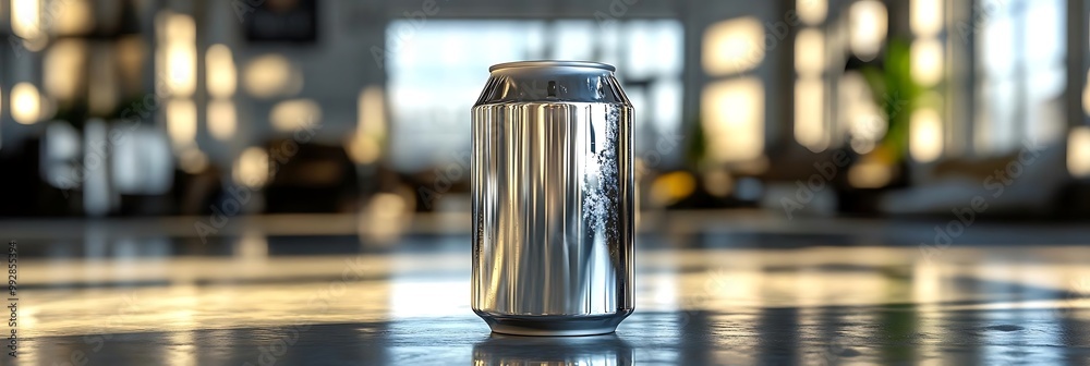 Realistic 3D Illustration - Sleek Silver Can Mockup on Reflective Surface, Blurred Interior Background Realistic 3D Illustration - Sleek Silver Can Mockup on Reflective Surface, Blurred Interior Background