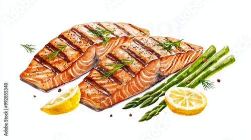 Grilled salmon fillets with a dill and lemon dressing, served with asparagus, grilled salmon, gourmet barbecue photo