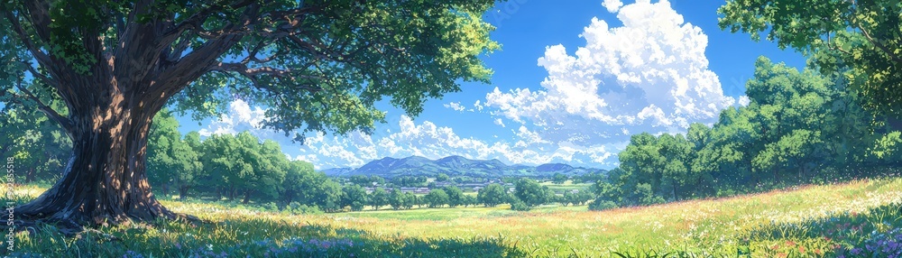 Serene Anime Style Landscape with Vast Sky and Trees Serene Anime Style Landscape with Vast Sky and Trees