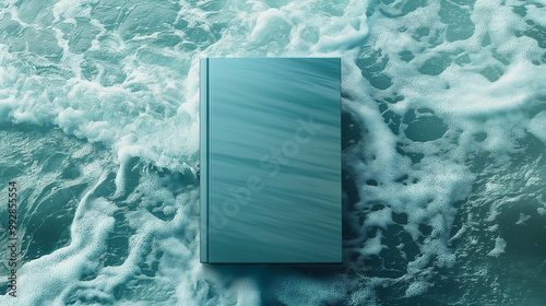 A mockup of an empty book cover, featuring gradients from teal to blue-green and an ocean wave pattern in the background