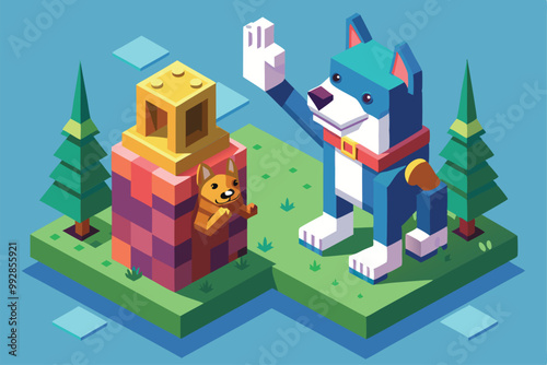 A friendly dog waves at a playful puppy near a colorful building, surrounded by green trees and water, Customizable Isometric Illustration of a Good Dog