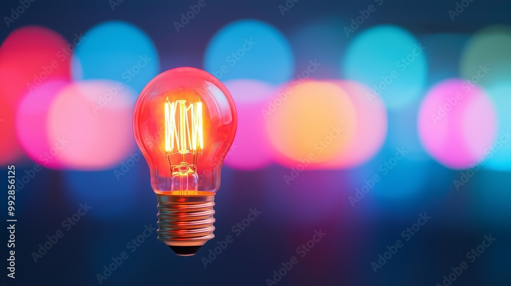 Glowing Light Bulb with Colorful Bokeh Background