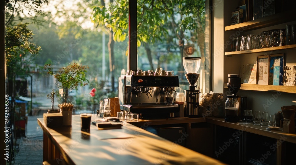 Fototapeta premium Cozy café interior with sunlight, coffee equipment, and a serene atmosphere.