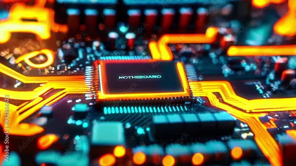 Close-up of a glowing motherboard with an orange light.