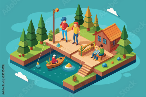 A family enjoys a relaxing day fishing and spending time together at a serene lakeside location, Customizable isometric illustration of a family fishing.