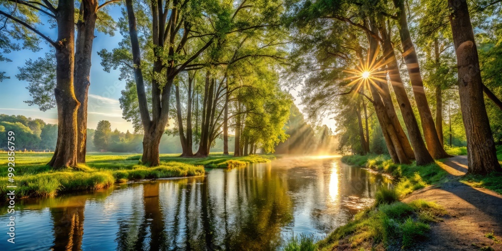 Tall trees stand guard along winding riverbanks as sunbeams filter through foliage in a warm and serene summer morning. Tall trees stand guard along winding riverbanks as sunbeams filter through foliage in a warm and serene summer morning.