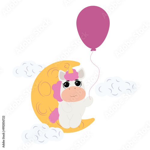 Cute unicorn wearing a pink nightcap is peacefully sleeping on a crescent moon, surrounded by soft clouds. This pastel colored illustration with gentle lines is perfect for children's products