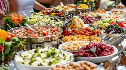 A vibrant buffet display featuring a variety of fresh salads and dishes for guests.